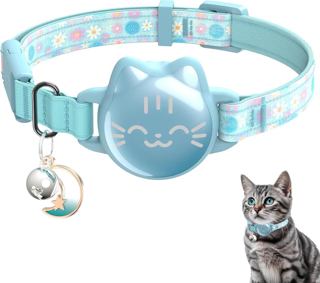Waterproof Airtag 2nd & 1st Cat Collar, Breakaway Cat Airtag Collar with Luminous & Reflective Fish Pattern, Lightweight Kitten Collars for Apple Air tag, Hidden GPS Tracker Holder for Cats, Kittens (Small(9-13inch), Floral Mint green)