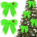 4 Pcs Christmas Large Green Furry Bow with Red Heart Lime Green Christmas Tree Topper Bow Decoration Gift for Xmas Home Decor Outdoor Indoor Car Ornament