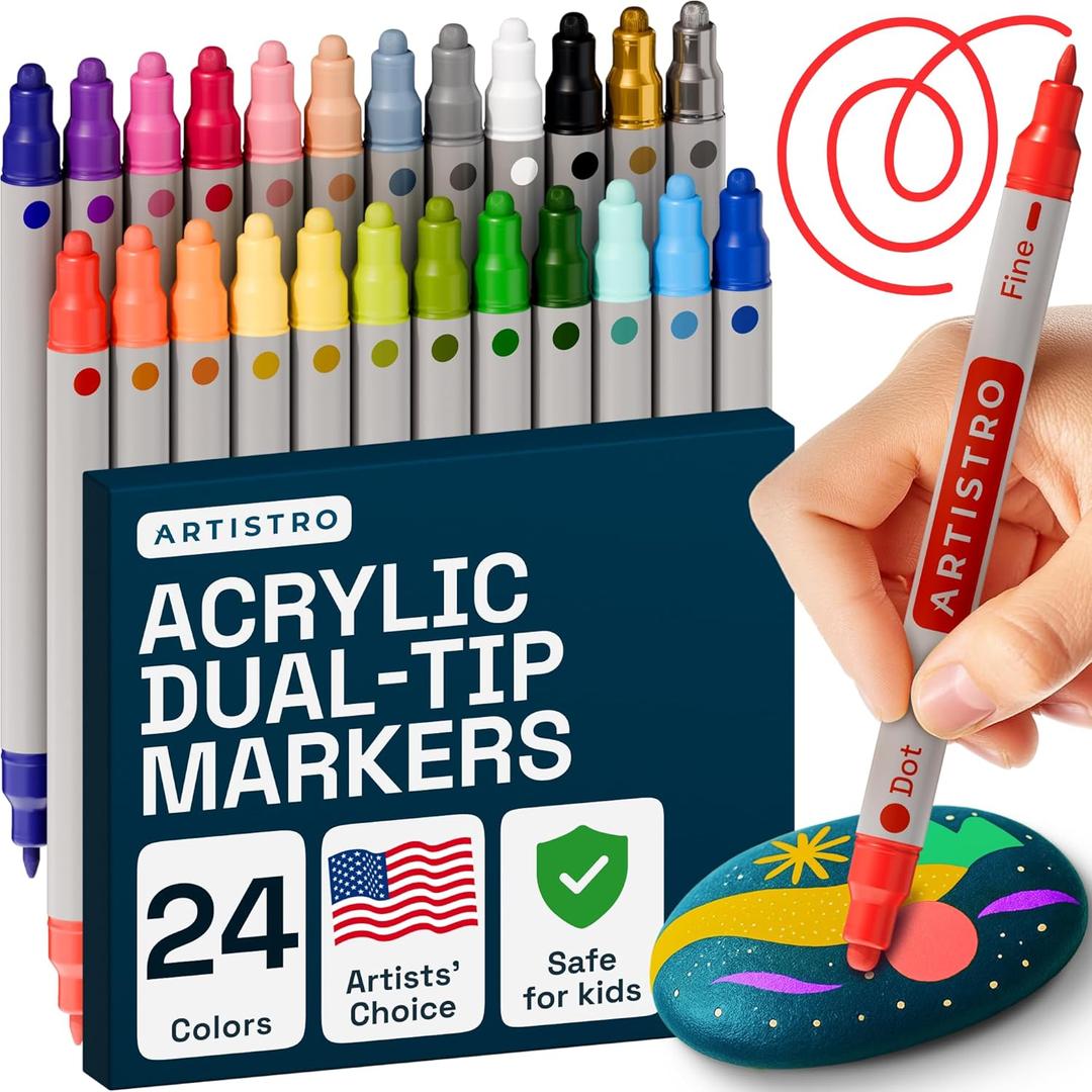 ARTISTRO Vibrant Acrylic Paint Markers for Rock, Fabric, Glass, Wood, Paper, Ceramic, Canvas & More - 24 Dual-Tip Acrylic Paint Pens (Dot & Fine) - Smooth Flow, Quick Dry, Low-Odor
