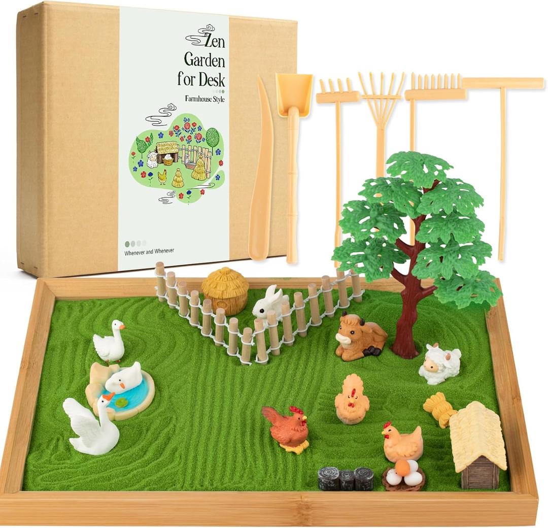 31 Pcs Zen Garden Kit for Desk, Mini Zen Sand Garden with Wooden Tray & Rake, Japanese Gift Set for Home, Office Desk Decor