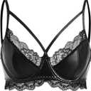 OYOANGLE Women's Leather Lace Trim Underwire Bra Lingerie Cut Out Strappy Push Up Goth Bralette (Medium, Black)