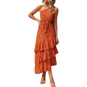 PRETTYGARDEN Women's Summer Floral Sundress Casual One Shoulder Tiered Ruffle Flowy Midi Beach Boho Dresses (Floral Orange Rose Red,Large)