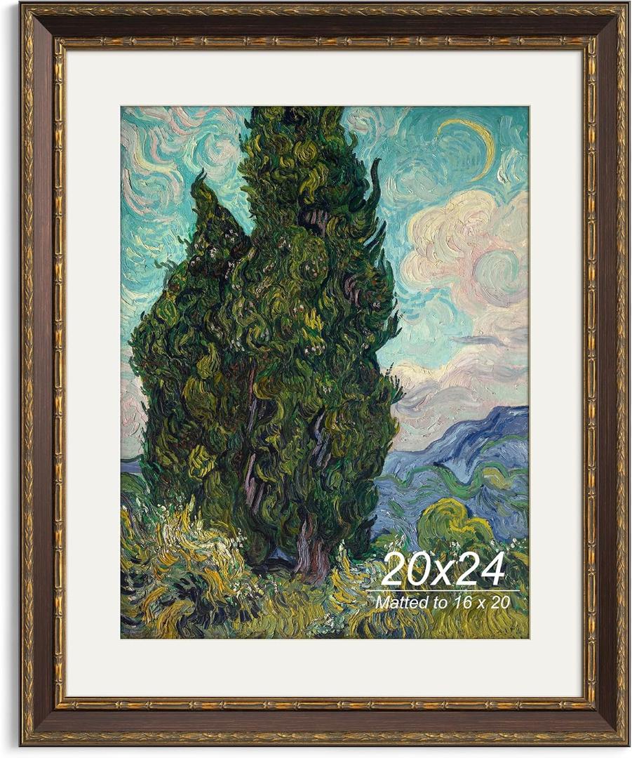 Yaetm 20x24 Vintage Picture Frame, Ornate Antique Bronze 20x24 Frame for Wall, White Mat for 16x20 Photo, 1.4-inch Wide Molding - Portrait or Landscape - Wall Mount for Home (Bronze/Gold, Single)