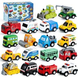 JOYIN 18 Pcs Pull Back City Cars and Trucks Toy Vehicles Set, Friction Powered Cars Toys for Toddlers, Boys, Girls Educational Play, Kids Stocking Stuffers, Easter Basket Stuffers