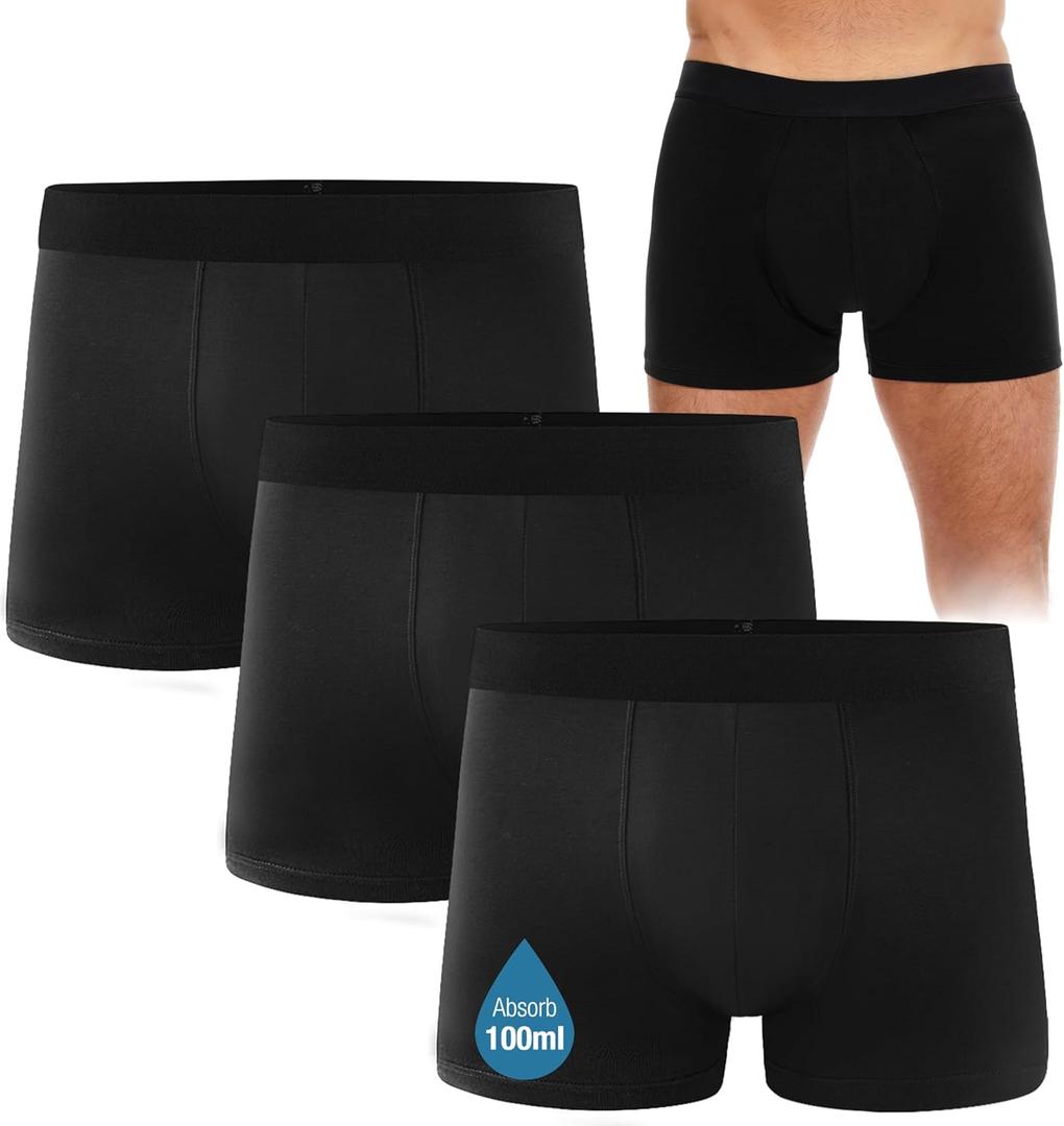 Men's Incontinence Underwear, Black Boxer Brief with Protective Pads, Washable Reusable LeakProof Heavy Absorbency, Large