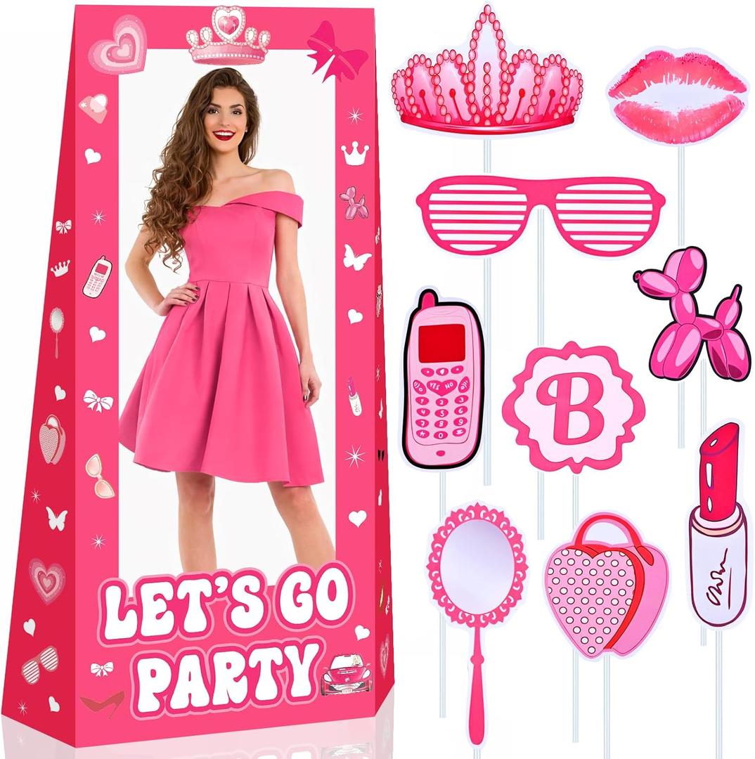 4.5FT Life Size Doll Photo Booth with 9Pcs Photo Props, Pink Princess Birthday Party Decorations for Girls, Doll Theme Photobooth Backdrop & Lets Go Party Supplies for Photoshoot