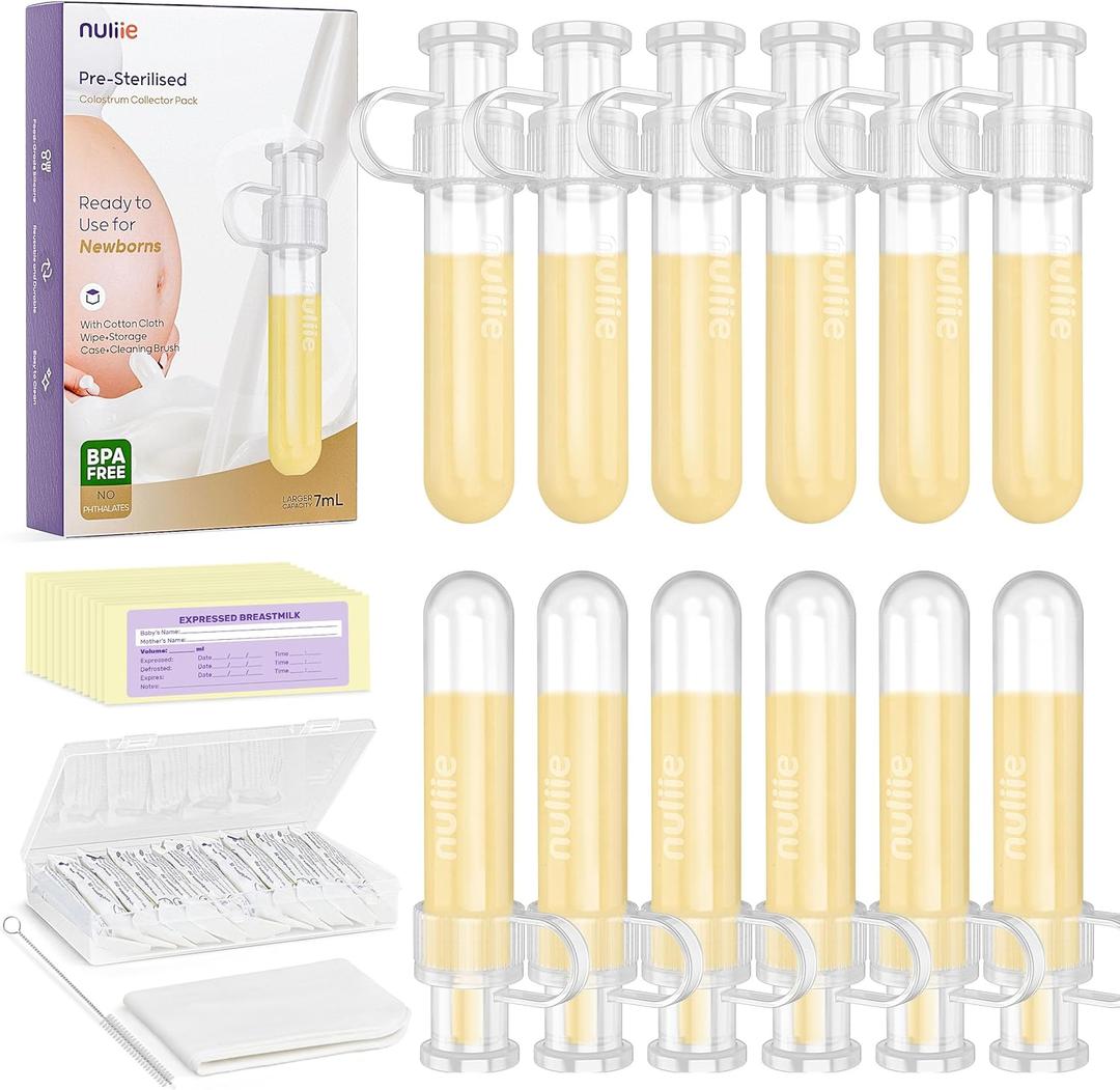 Nuliie Colostrum Collector Kit 7ml/12pcs, Leakproof, Reusable Breast Milk Collector, Heat & Freezer Resistant, BPA-Free, With Cotton Cloth Wipe, Storage Case, Cleaning Brush -Ready-to-Use for Newborns (12 Count)