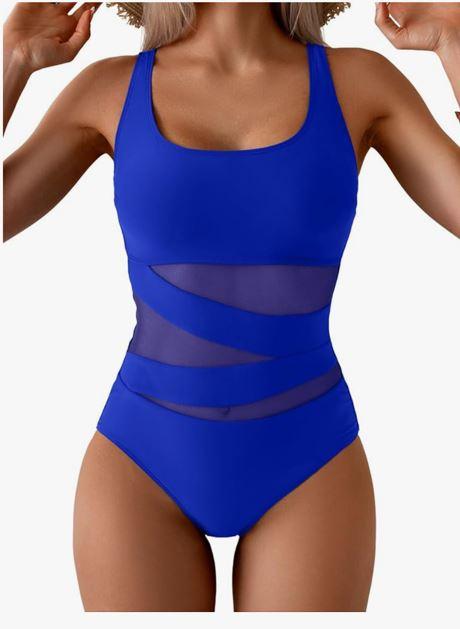 B2prity Women's Mesh One Piece Swimsuit Tummy Control Sexy Bathing Suit Push Up Swim Suit Slimming Swimwear, M