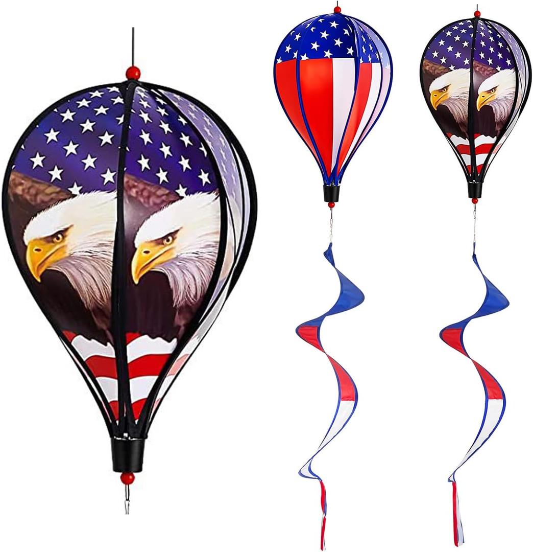 2 Pack 43-Inch Patriotic American Flag & Eagle Hot Air Balloon Wind Spinner Twister, Outdoor Hanging Windmill Decor for Garden Lawn Yard, Fourth of July, Memorial Day, and Veterans Day Decorations