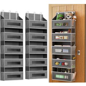 2 Pack 5 Tier Over The Door Organizer - Large Capacity Behind Door Hanging Shelves with 10 Mesh Pockets and Clear Windows, Closet Organizers and Storage for Bathroom, Bedroom, Nursery, Grey