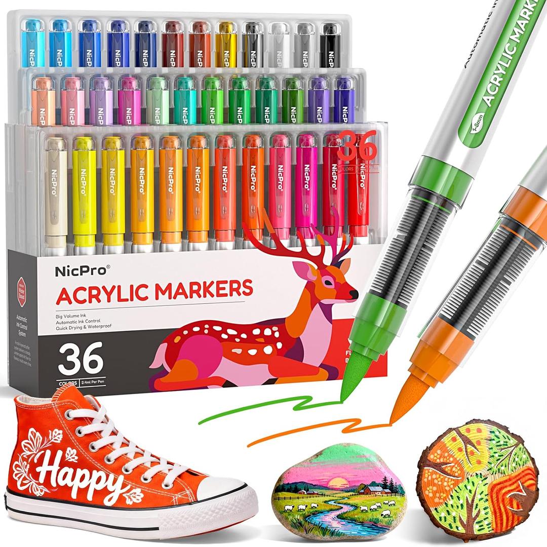 Nicpro 36 Colors Acrylic Paint Markers Brush Tip, Water-Based No-Bleed Paint Markers with Automatic Ink Control, Waterproof Acrylic Paint Pens for DIY Art & Crafts - Rock, Wood, Glass, Ceramic, Fabric