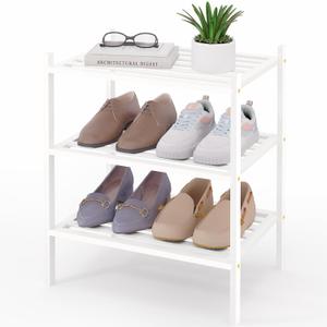 Smiry Small Bamboo Shoe Rack 3-Tier, Stackable Wooden Shoe Organizer for Entryway & Closet, Free Standing Wood Shoe Storage Shelf for Front Door & Small Spaces, White