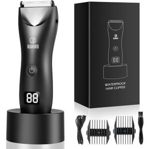 Men Body Hair Trimmers,Electric LCD Battery Indicator Safe Blade Waterproof Groin Hair Shavers Male Painless Wet and Dry Quiet Hygiene Razor with Standing Charging SMT033 Black