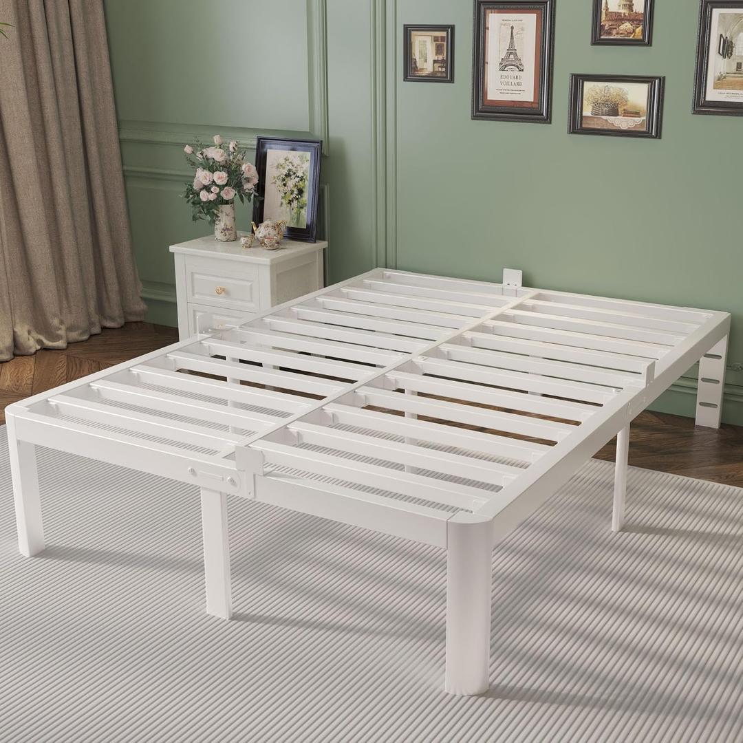 Full Size Bed Frame 14 Inch White, Metal Bed Frame Full with Gaskets, No Box Spring Needed, Heavy Duty Steel Plarform Supprt, Rounded Corner Design, Reserved Holes, Noise Free, Storage Space