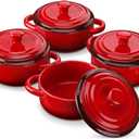 LOVECASA Mini Cocotte Set,12 OZ Small Casserole Dishes with Lids, Soup Bowls With Handles, Individual Baking Ramekins, Oven, Microwave & Dishwasher Safe, Set of 4, Red