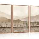 Aurlan Abstract Neutral Tan Nature Landscape Wall Art Set(16”x24”), 3 Pieces Duotone Beige Misty Mountain Framed Canvas Artwork, Large Modern Pine Tree Foggy Forest Wall Decor for Office Bedroom Living Room