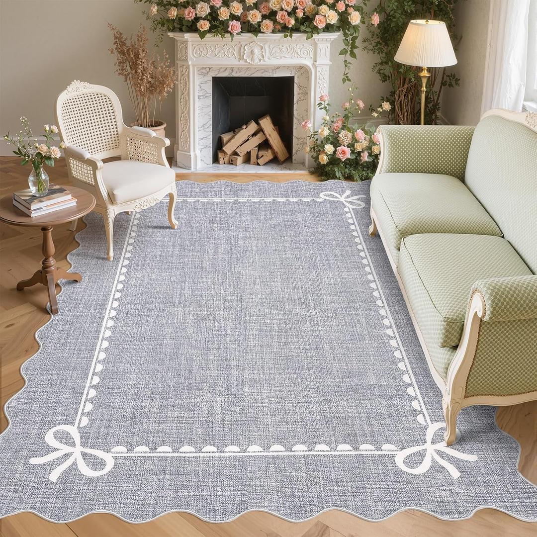 GarveeHome Scalloped Bow Rug for Living Room, Solid Grey Rug for Dorm, Washable Rugs 8x10 Soft Low Pile Non Slip Scalloped Rugs for Nursery College Bedroom Decor Kids Room Playroom