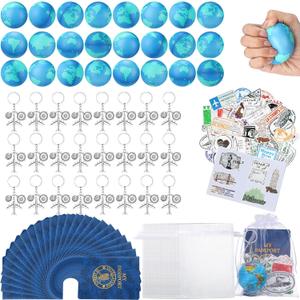 Maitys 144 Pcs Travel Party Earth Stress Balls, Airplane Keychain, Passport Book with Assorted Travel Stickers for Scrapbooks, Organza Bags for Adults Adventure Theme Party Supplies
