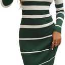 Sumleno 2026 Women's Fashion Striped Dress Long Sleeve Crew Neck Bodycon Midi Ribbed Knit Slim Fit Sweater Dress (X-Large, Green)