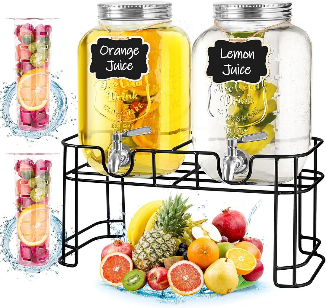 Drink Dispenser & Glass Water Dispenser, 2 Pack 1 Gallon Beverage Dispenser with Stand with Ice Core, Stainless Steel Spigot and Lid 100% Leakproof, Glass Beverage Dispenser for BBQ, Picnic, Party