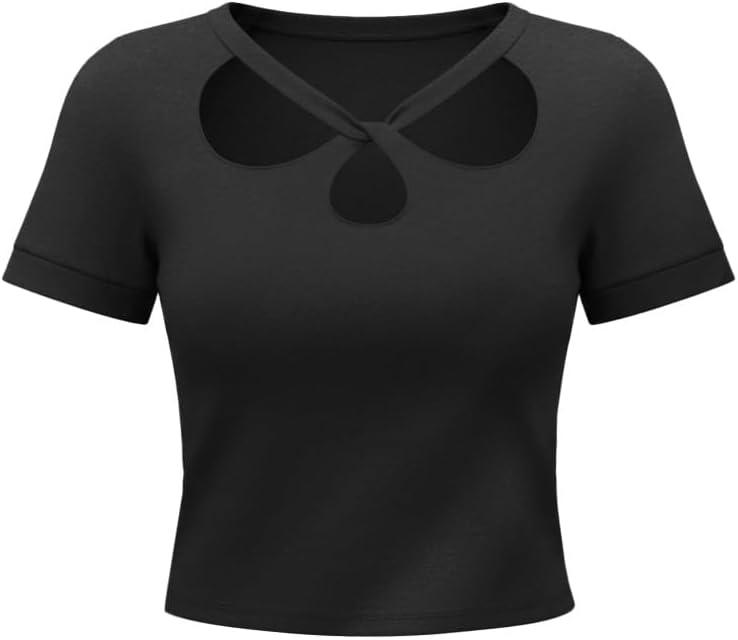 Hilinker Women Cut Out Crop Top Sexy Short Sleeve Shirts Slim Fit Casual Cropped Tees Black Large (L)