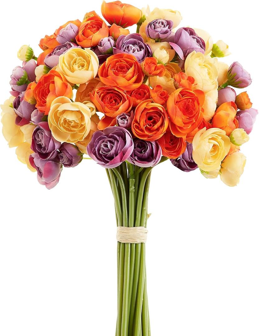 Ranunculus Artificial Flower Colorful Faux Silk Mini Ranunculus Bulk Fake Wedding Filler Flowers for DIY Bouquets, Centerpieces Arrangements 15Pcs Orange Purple Yellow