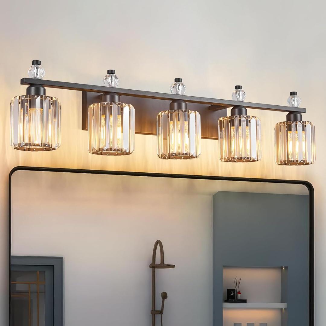 Bathroom Vanity Lights 5-Light Sand Black Modern Crystal Vanity Light Fixtures Over Mirror Crystal Bathroom Vanity Lighting Fixtures