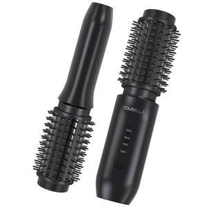 Youbella Cordless Hair Curling Iron Brush, Mini Travel Hot Straightener Comb, 3-In-1 Portable Wave Curling Wand, 1.5″ Ionic Heated Brush, USB Rechargeable Hair Curler, All Black –No Automatic Rotation