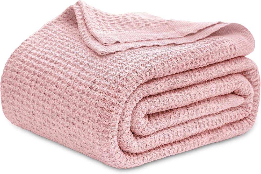 Bedsure 100% Cotton Blanket Queen Size for Bed - Breathable and Soft, Waffle Weave Blanket for Summer Spring, Pink, 90x90 Inches