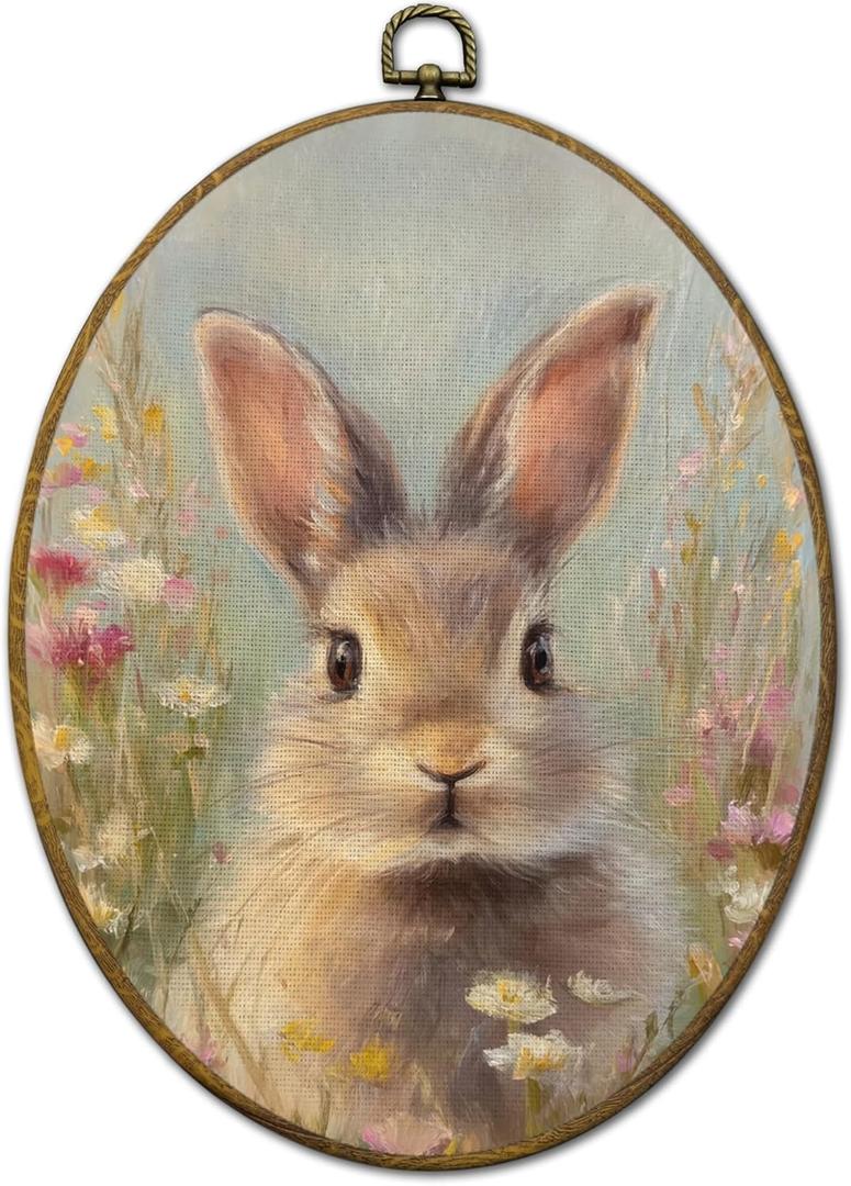 QZQE Spring Easter Bunny Oval Wall Art Decor Framed, Cottagecore Wildflower Rabbit Oval Canvas Prints, Easter Bunny Rabbit Wall Hanging Decor for Nursery Home Bedroom Living Room, 8.6x11.4 Inch
