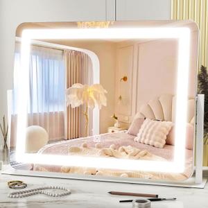 HNV 22"x17" Vanity Mirror with Lights, LED Makeup Mirror with 3 Color Modes & Dimmable Touch Control, 360 Rotation, Aluminum Frame, Large Lighted Mirror for Bedroom or Dressing Table (White)