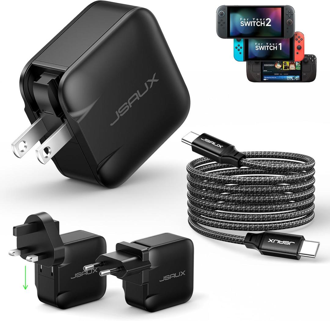 JSAUX 65W USB C Charger for Nintendo Switch 2, Powers in TV Mode, with EU/UK Plugs & 6.6FT Cable, GaN PD Fast Charging for Steam Deck, ROG Ally, Galaxy, Pixel, iPhone 15/16, Tablet & Laptop  Black
