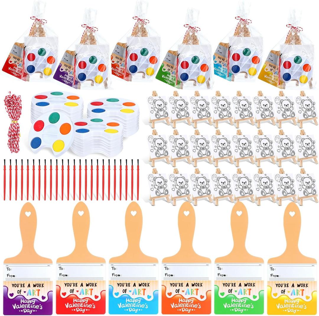 Skyygemm 24 Sets Valentines Day Gifts for Kids Valentines Cards Mini Painting Canvas Panel with Wooden Easel Watercolor Paints Brush Kit for School Classroom Exchange Gifts(Bear)
