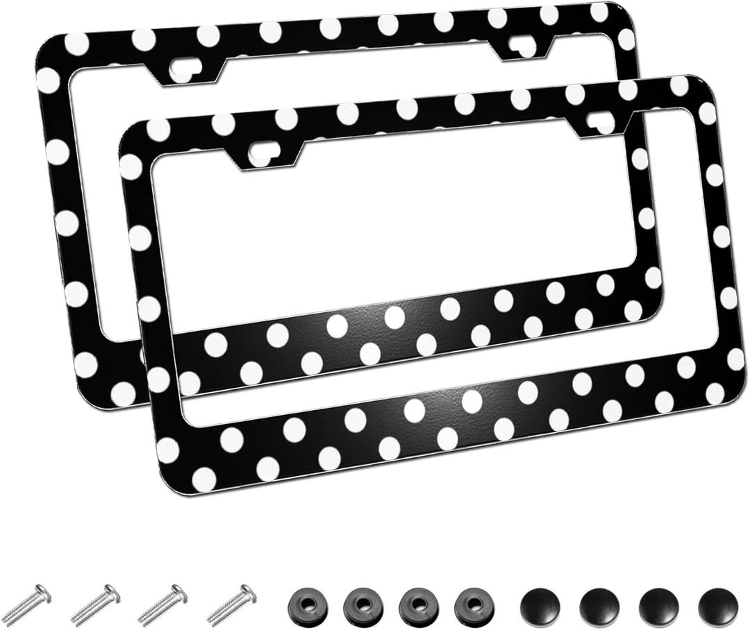 2Pack White Black Racing Polka Dot Car License Plate Frames, Aluminum Car Tags Frame with Screws Caps
