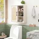 RUSTOWN Boho Rattan Wall Cabinet, Midcentury Bathroom Cabinet with Sliding Door, Adjustable Shelves, Over The Toilet Storage Cabinet (Vintage White)