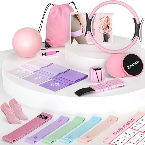 NANATI Pilates Kit 19PCS,Pilates Essentials Kit for Women,Pilates Equipment with 14.5" Pilates Ring and Ball,8 Resistance Bands,Ankle Weights,Sliders & Grip Socks Accessories for Starter Home Workouts