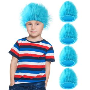 XunYee 4 Blue Fuzzy Wigs - Funky Clown Hair Wig Crazy Cosplay Costume Accessories for Kids Teens 100th Day of School Spirit Day Party Reading (Sky Blue)