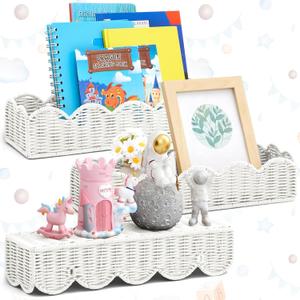 Pinkunn 3 Set Nursery Book Shelves Scalloped Rattan Wall Shelf 15.8 x 3.2 Inch Wall Mounted Plastic Floating Book Shelve, Hanging Boho Wicker Woven Shelf for Nursery Decor and Storage (Classic White)