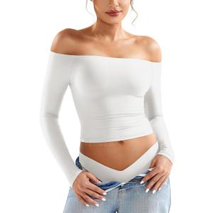 YEOREO Ease Women Off Shoulder Long Sleeve Shirts Double Lined Basic Undershirt Y2K Going Out Tops White-M
