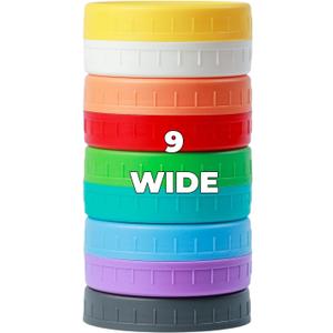 9 Wide Mouth Mason Jar Lids with Silicone Ring,Thickened Leak-proof Lids Fit Ball,Kerr and More, 9 Color Plastic Lids, 86mm Plastic Mason Jar Lids