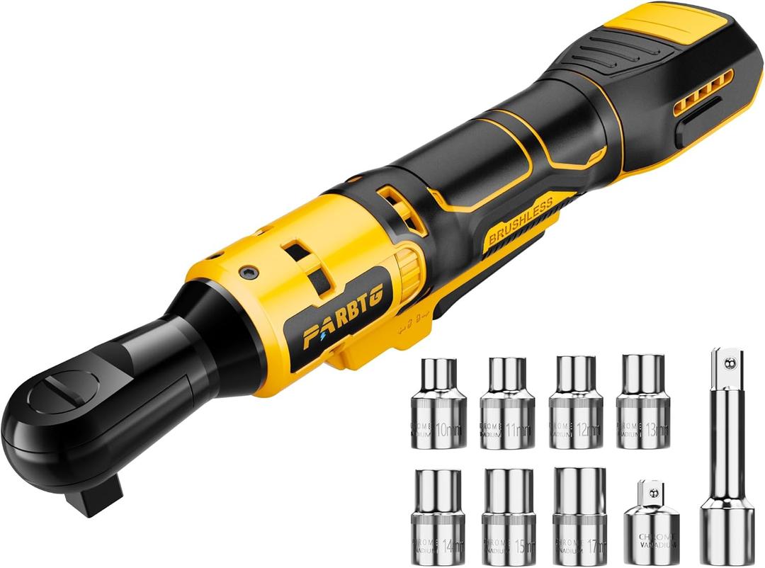 1/2 Inch Cordless Ratchet Wrench Compatible with DeWalt 20V Max Battery, 74Ft-Lbs (100N.m) High Torque, Brushless Motor, 0-400RPM Variable Speed, 7 Sockets, 1/2" to 3/8" Adapter, 3" Extension Bar