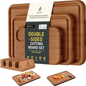 3 Packs Bamboo Cutting Board Set with Holder Nice Solid Thick Wood Deep Juice Groove & Built-in Handles Chopping Board Large Big Small Best Hardwood Kitchen Counter Organic Vegetable Meat BBQ Kit