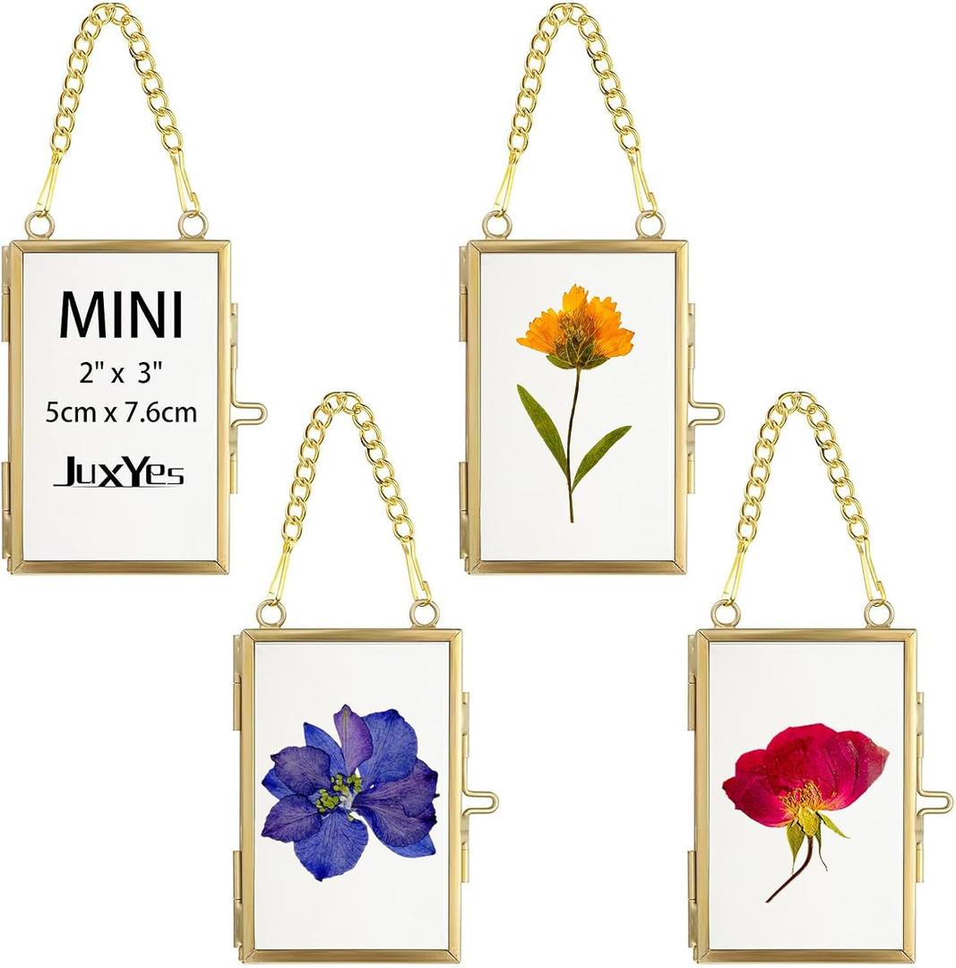 JUXYES Set of 4 Mini Wall Hanging Brass Frames for Pressed Flowers, Double Glass Hanging Picture Artwork Display Frame, Vertical Gold Floater Style Gallery Wall Frame for Photo Picture Poster etc, 3x2 Inches
