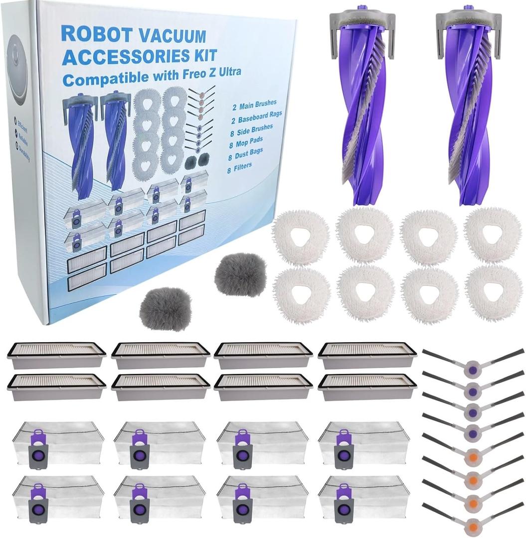 Replacement Accessories Parts Kit Compatible with Narwal Freo Z Ultra - Includes 8 Dust Bags, 8 Mop Pads, 8 Filters, 8 Side Brushes, 2 Rubber Main Brushes,2 Baseboard Rags
