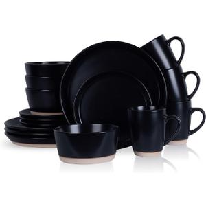 Stone Lain Jules Modern Stoneware 16-piece Round Black Dinnerware Set, Plates and Bowls Sets, Dish Set for 4, Black