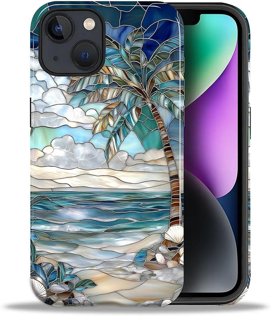 Case for iPhone 13 iPhone 14, Hybrid Heavy Duty 2 in 1,PC Hard Shell & Silicone Inner Bumper, Anti-Scratch Full-Body Cover Shockproof Slim Design Case - Beach Palm Tree