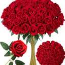 50 PCS Red Roses Artificial Flowers, Real Looking Fake Roses with Long Stems Silk Flowers for DIY Wedding Bouquet Party Celebration Home Bridal Shower Decoration Valentine's Day Gift for Her Wife