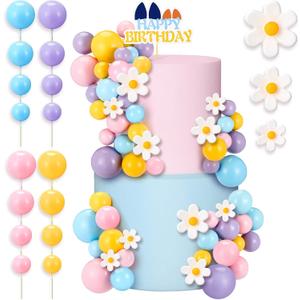 Threehoney 63 Pcs Blue Dog Cake Toppers with Balls Cake Picks and Daisy Flowers for Birthday Decoration Groovy Pastel Cupcake Inserts Hippie Wedding Party Supplies(Happy Birthday)
