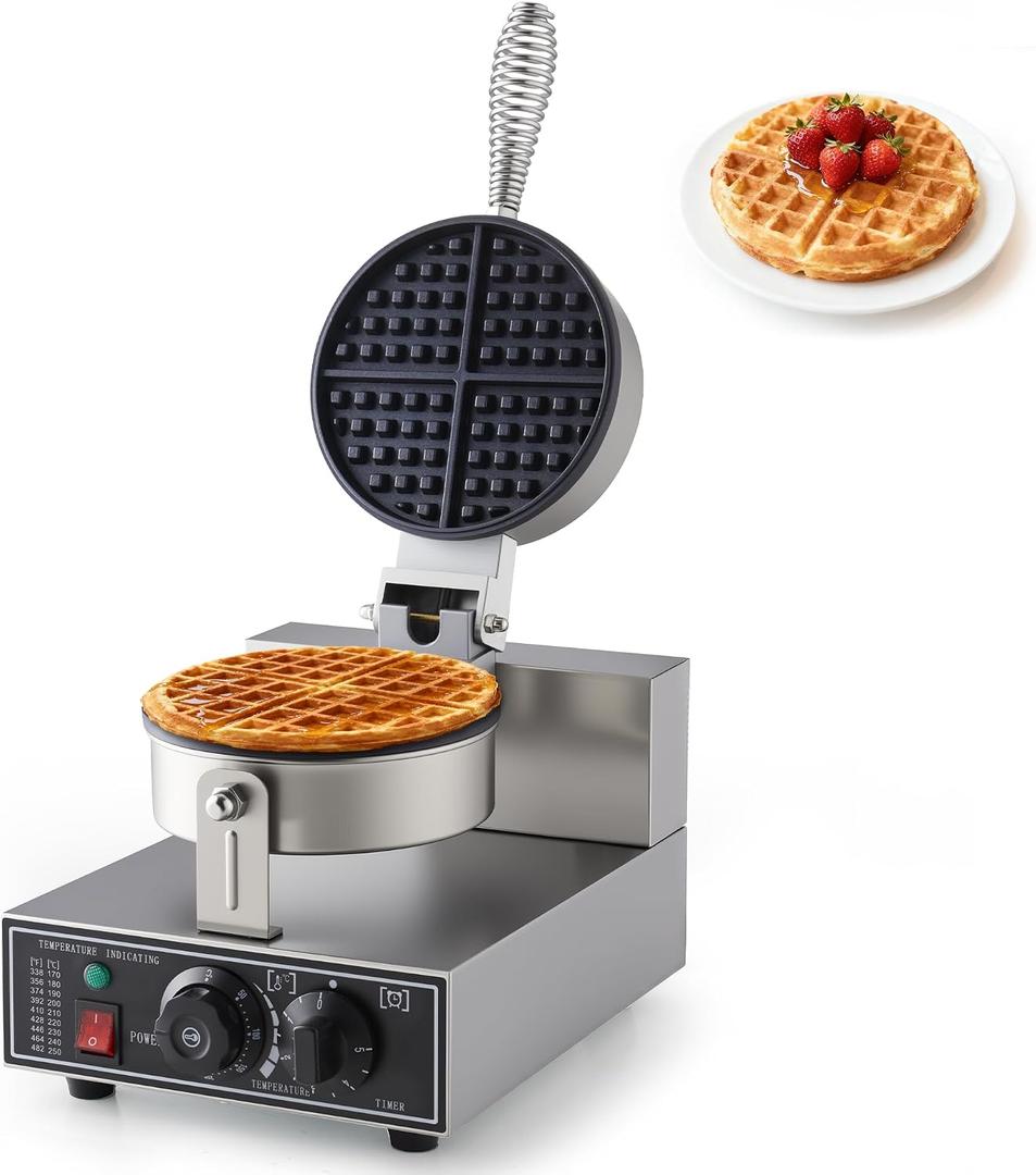 Commercial Waffle Maker, 1200W Waffle Iron, Professional Rotatable Waffle Baker Machine with Temp and Time Control, Non-Stick Baking Pan Stainless Steel for Restaurant Bakeries Kitchen Home