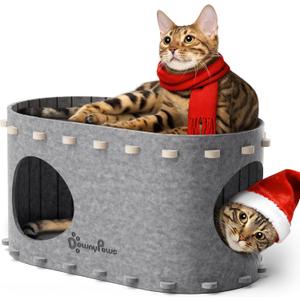 DownyPaws Cat House for Indoor Cats, Cat Bed Cave for Multiple & Large Cats Up to 22 Lbs, Scratch Resistant, Foldable Peekaboo Kitten Caves Tunnel Enclosed Bed, PeekaPurr, Light Gray (Single)